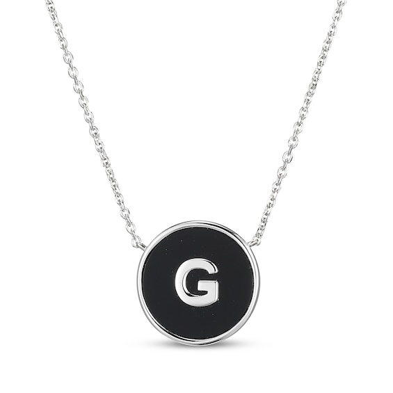 Black Agate Letter G Initial Disc Necklace Sterling Silver 18"