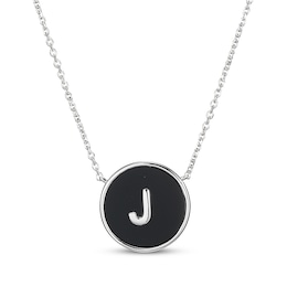 Black Agate Letter J Initial Disc Necklace Sterling Silver 18&quot;