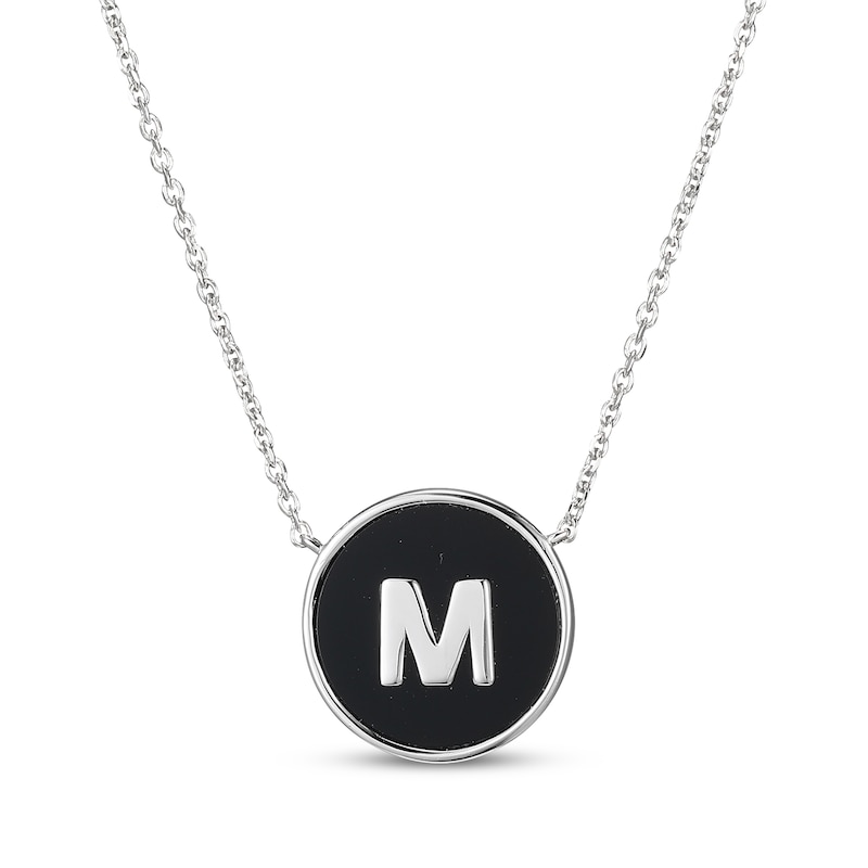 Main Image 1 of Black Agate Letter M Initial Disc Necklace Sterling Silver 18&quot;