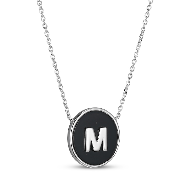 Main Image 2 of Black Agate Letter M Initial Disc Necklace Sterling Silver 18&quot;