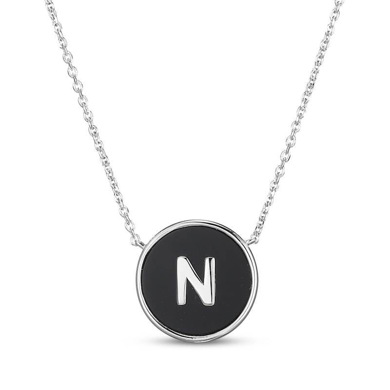 Main Image 1 of Black Agate Letter N Initial Disc Necklace Sterling Silver 18&quot;