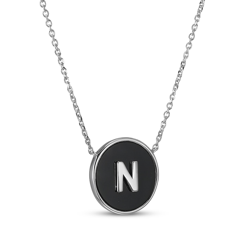 Main Image 2 of Black Agate Letter N Initial Disc Necklace Sterling Silver 18&quot;