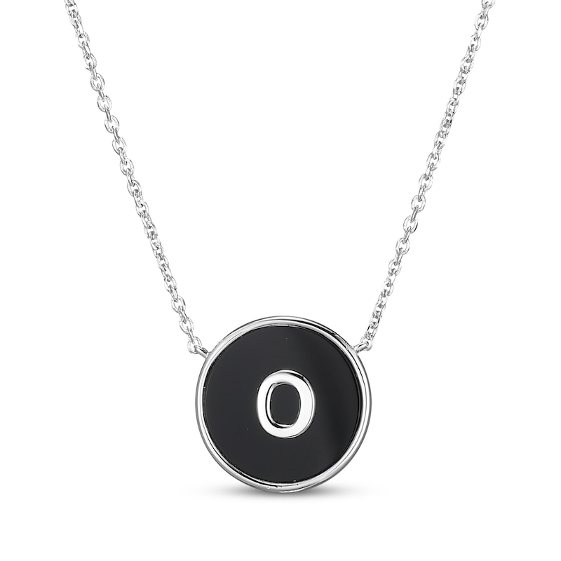 Main Image 1 of Black Agate Letter O Initial Disc Necklace Sterling Silver 18&quot;