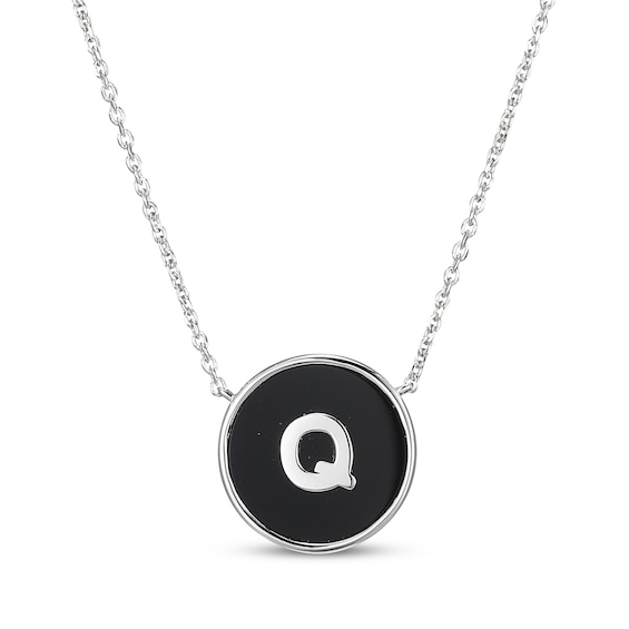 Black Agate Letter Q Initial Disc Necklace Sterling Silver 18"