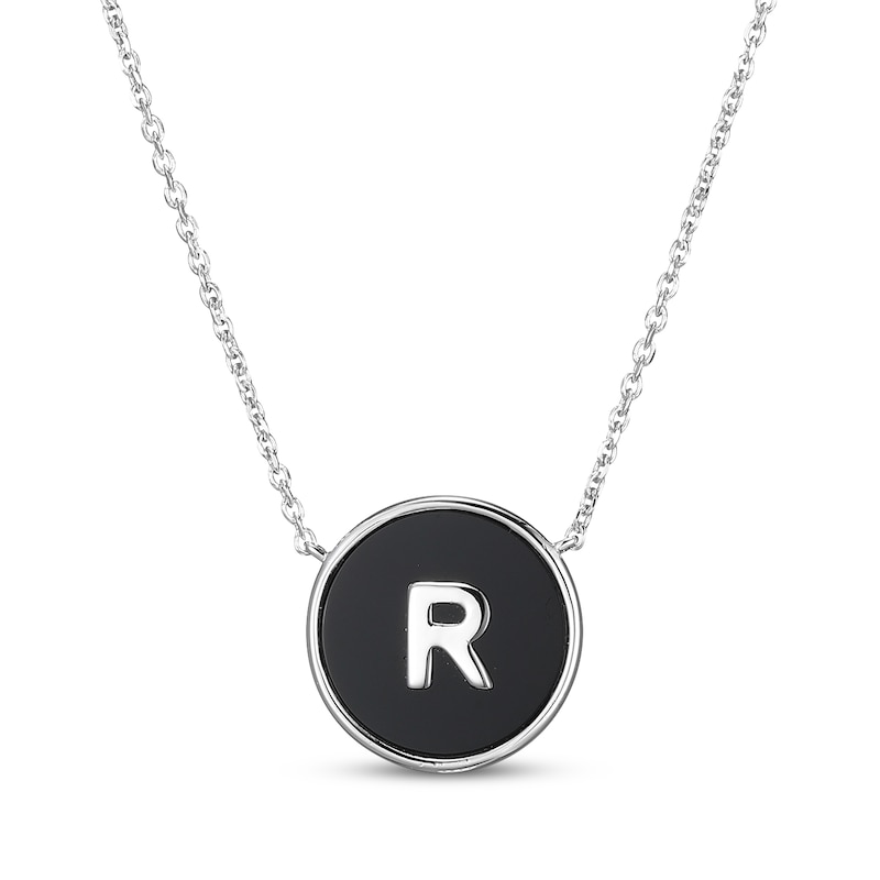 Main Image 1 of Black Agate Letter R Initial Disc Necklace Sterling Silver 18&quot;