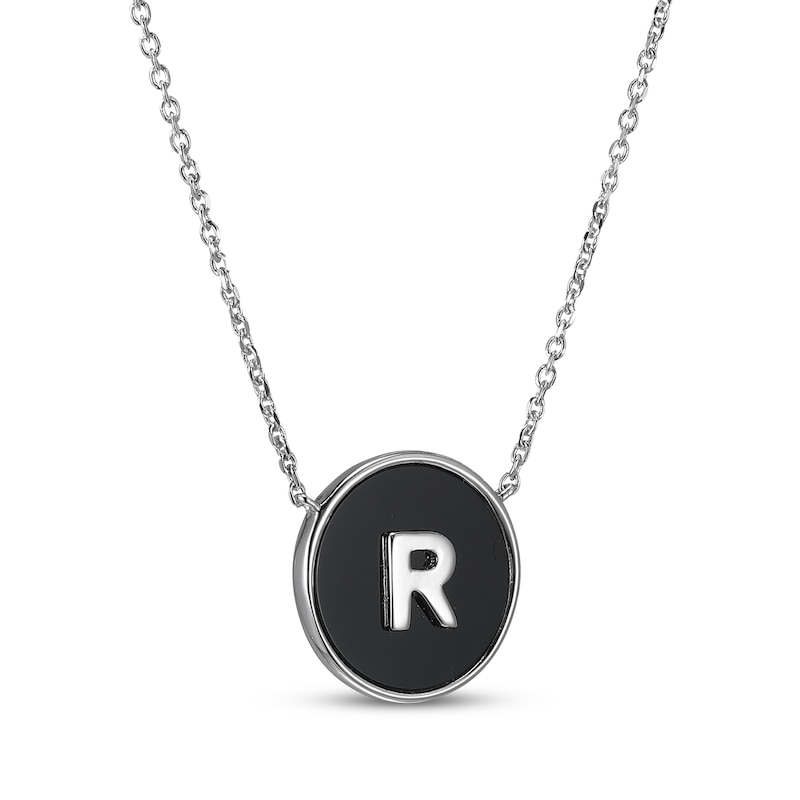 Main Image 2 of Black Agate Letter R Initial Disc Necklace Sterling Silver 18&quot;