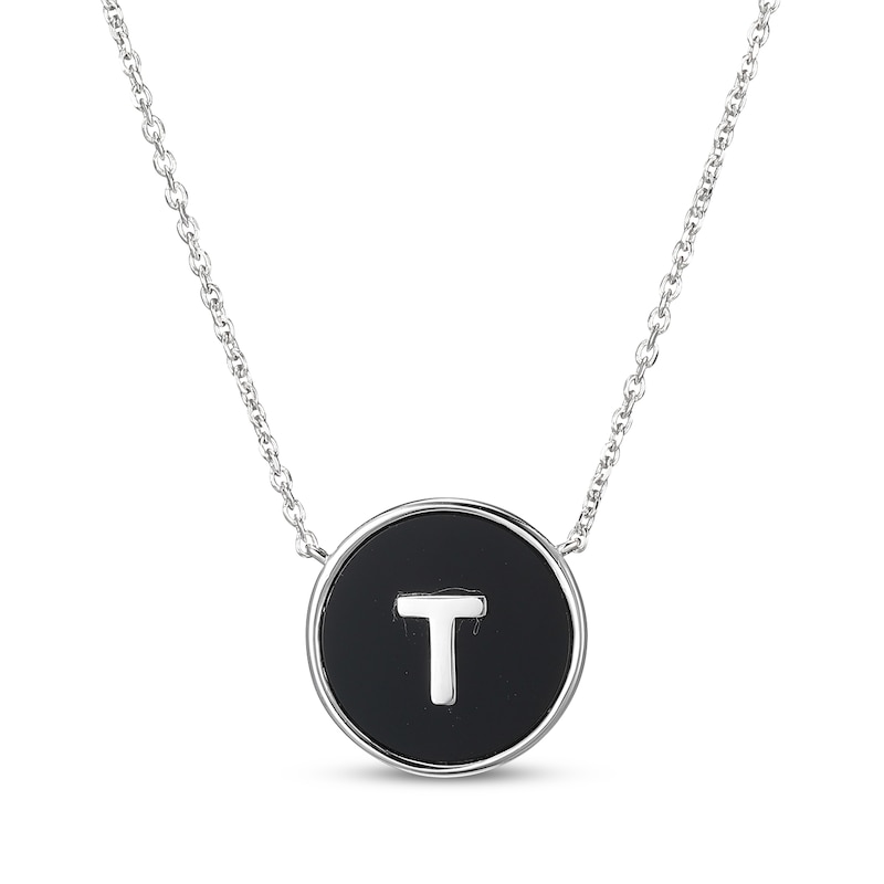 Main Image 1 of Black Agate Letter T Initial Disc Necklace Sterling Silver 18&quot;