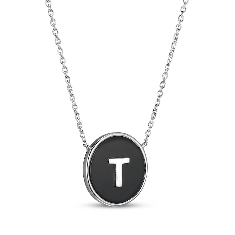 Main Image 2 of Black Agate Letter T Initial Disc Necklace Sterling Silver 18&quot;