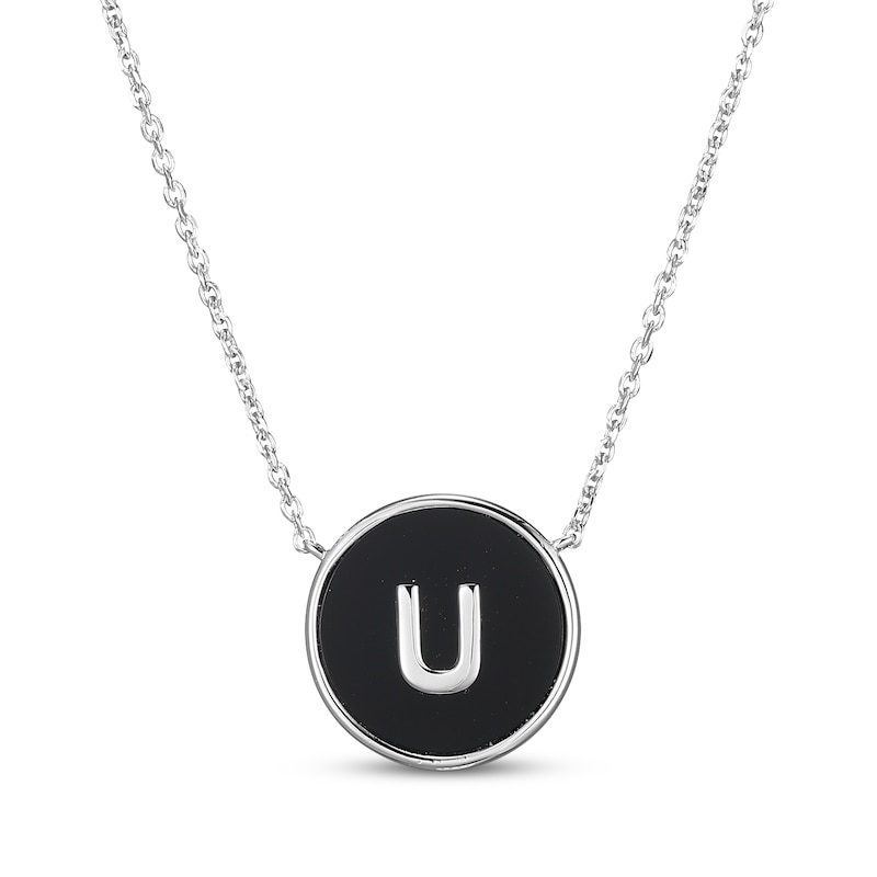 Main Image 1 of Black Agate Letter U Initial Disc Necklace Sterling Silver 18&quot;