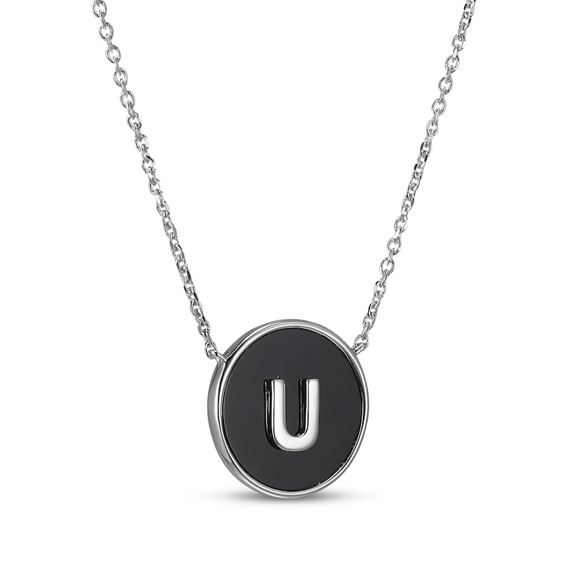 Main Image 2 of Black Agate Letter U Initial Disc Necklace Sterling Silver 18&quot;