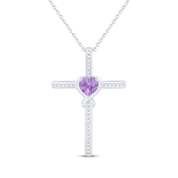 Heart-Shaped Amethyst & White Lab-Created Sapphire Cross Necklace Sterling Silver 18&quot;