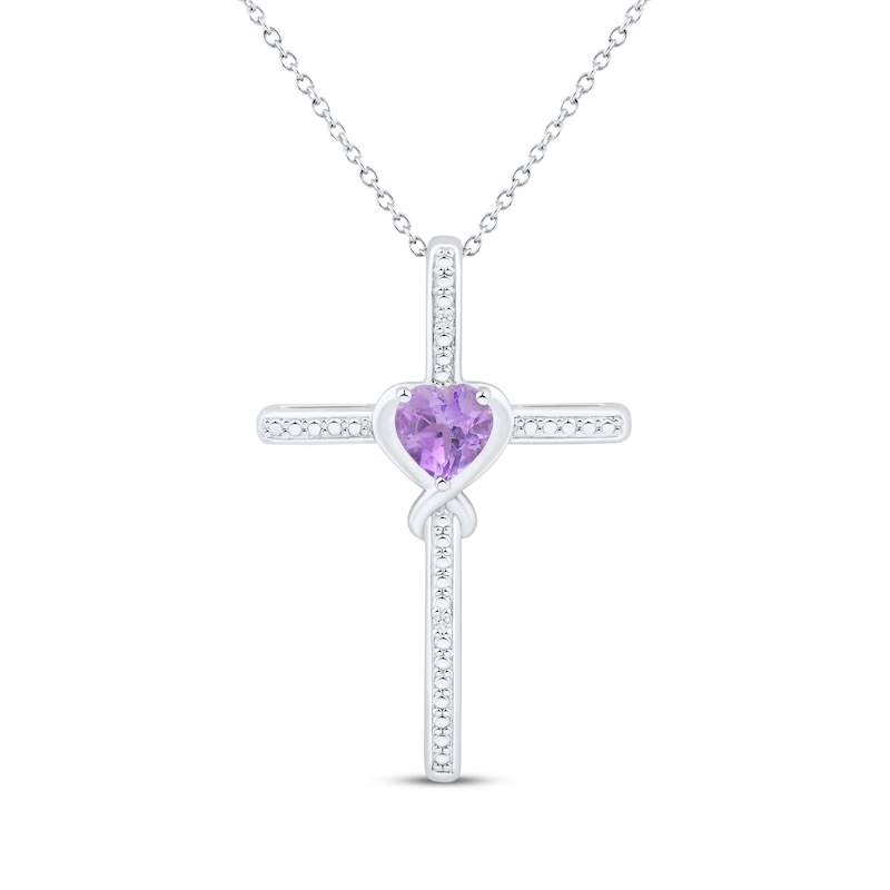 Heart-Shaped Amethyst & White Lab-Created Sapphire Cross Necklace Sterling Silver 18"