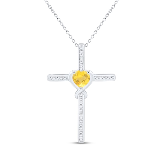 Heart-Shaped Citrine & White Lab-Created Sapphire Cross Necklace Sterling Silver 18"