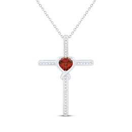 Heart-Shaped Garnet & White Lab-Created Sapphire Cross Necklace Sterling Silver 18&quot;