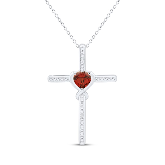 Heart-Shaped Garnet & White Lab-Created Sapphire Cross Necklace Sterling Silver 18"