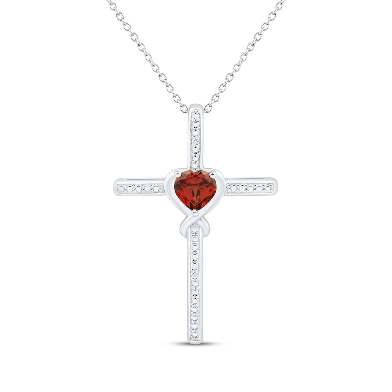 Main Image 1 of Heart-Shaped Garnet & White Lab-Created Sapphire Cross Necklace Sterling Silver 18&quot;