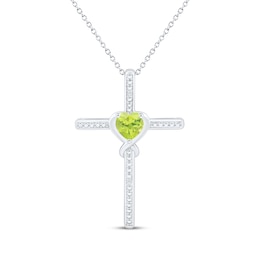 Heart-Shaped Peridot & White Lab-Created Sapphire Cross Necklace Sterling Silver 18&quot;