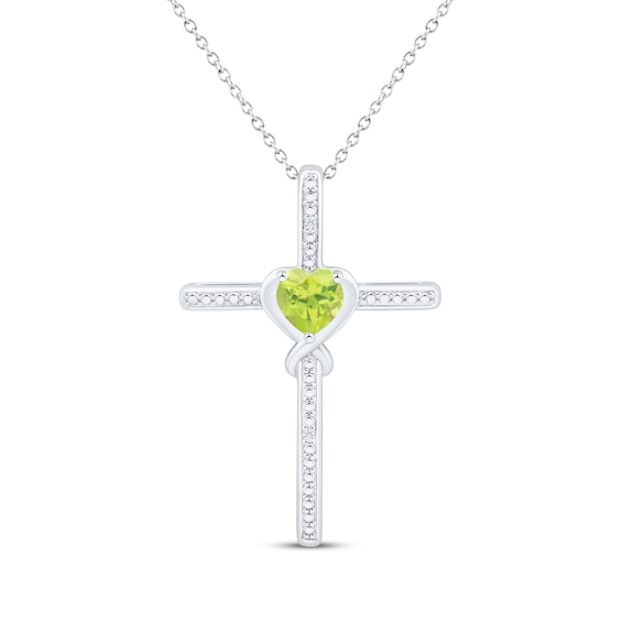 Heart-Shaped Peridot & White Lab-Created Sapphire Cross Necklace Sterling Silver 18"