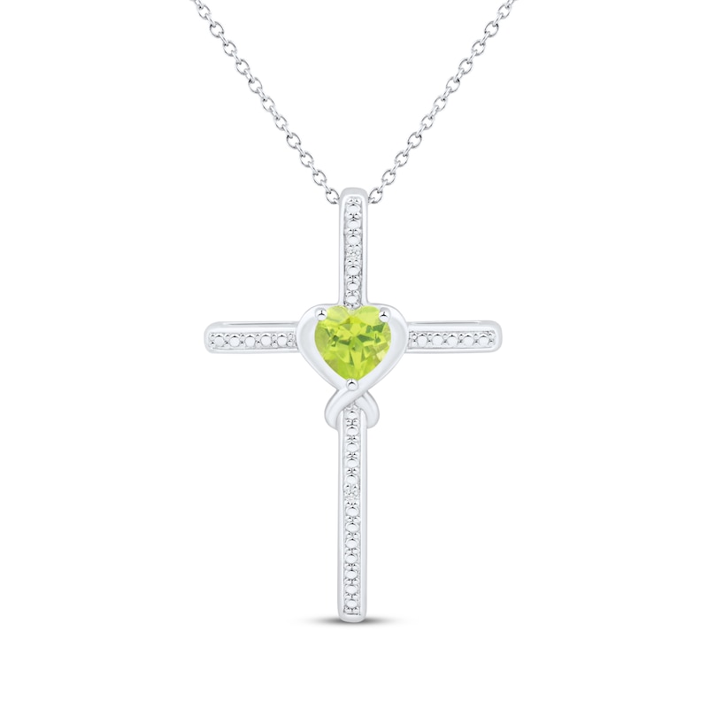 Main Image 1 of Heart-Shaped Peridot & White Lab-Created Sapphire Cross Necklace Sterling Silver 18&quot;