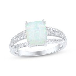 Emerald-Cut Lab-Created Opal & White Lab-Created Sapphire Three-Row Ring Sterling Silver