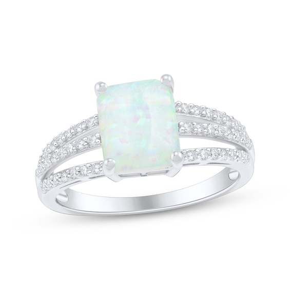 Emerald-Cut Lab-Created Opal & White Lab-Created Sapphire Three-Row Ring Sterling Silver