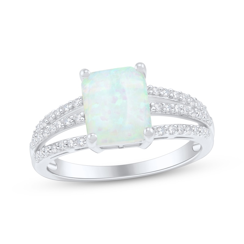 Main Image 1 of Emerald-Cut Lab-Created Opal & White Lab-Created Sapphire Three-Row Ring Sterling Silver