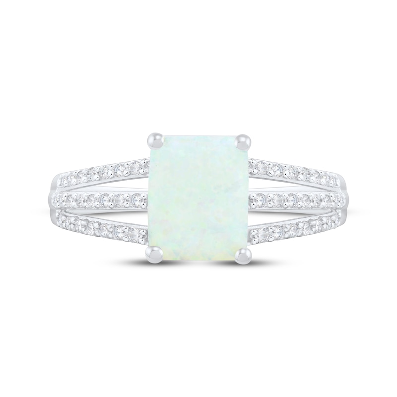 Main Image 3 of Emerald-Cut Lab-Created Opal & White Lab-Created Sapphire Three-Row Ring Sterling Silver