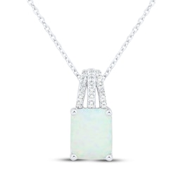 Emerald-Cut Lab-Created Opal & White Lab-Created Sapphire Necklace Sterling Silver 18&quot;