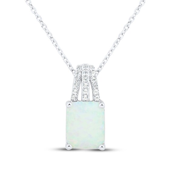 Emerald-Cut Lab-Created Opal & White Lab-Created Sapphire Necklace Sterling Silver 18"