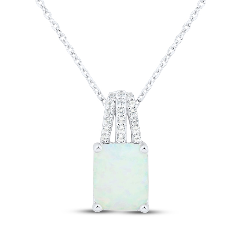 Main Image 1 of Emerald-Cut Lab-Created Opal & White Lab-Created Sapphire Necklace Sterling Silver 18&quot;