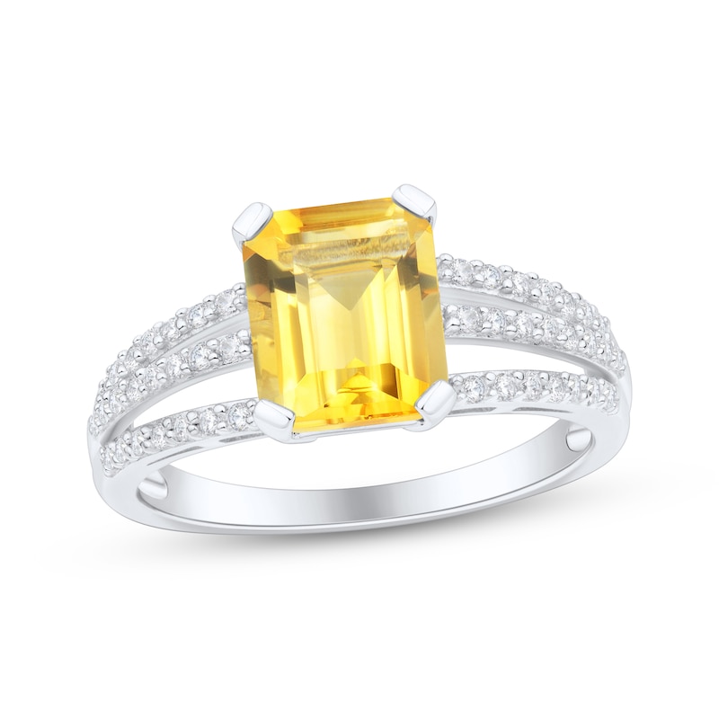 Main Image 1 of Emerald-Cut Citrine & White Lab-Created Sapphire Ring Sterling Silver