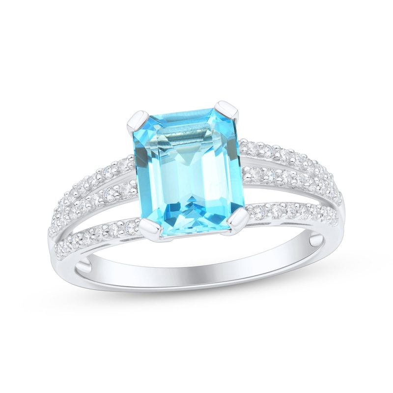 Main Image 1 of Emerald-Cut Swiss Blue Topaz & White Lab-Created Sapphire Ring Sterling Silver