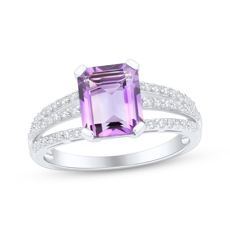 Main Image 1 of Emerald-Cut Amethyst & White Lab-Created Sapphire Ring Sterling Silver