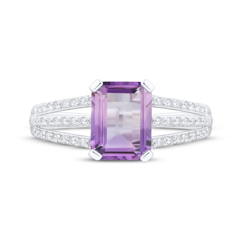 Main Image 3 of Emerald-Cut Amethyst & White Lab-Created Sapphire Ring Sterling Silver