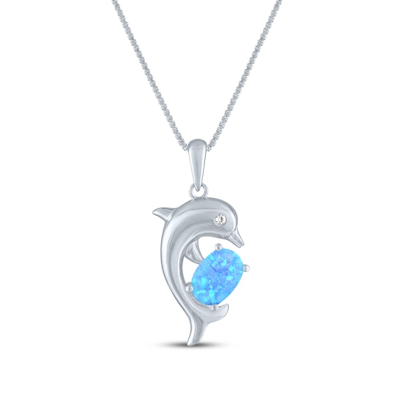 Oval-Cut Blue Lab-Created Opal & White Lab-Created Sapphire Dolphin Necklace Sterling Silver 18"