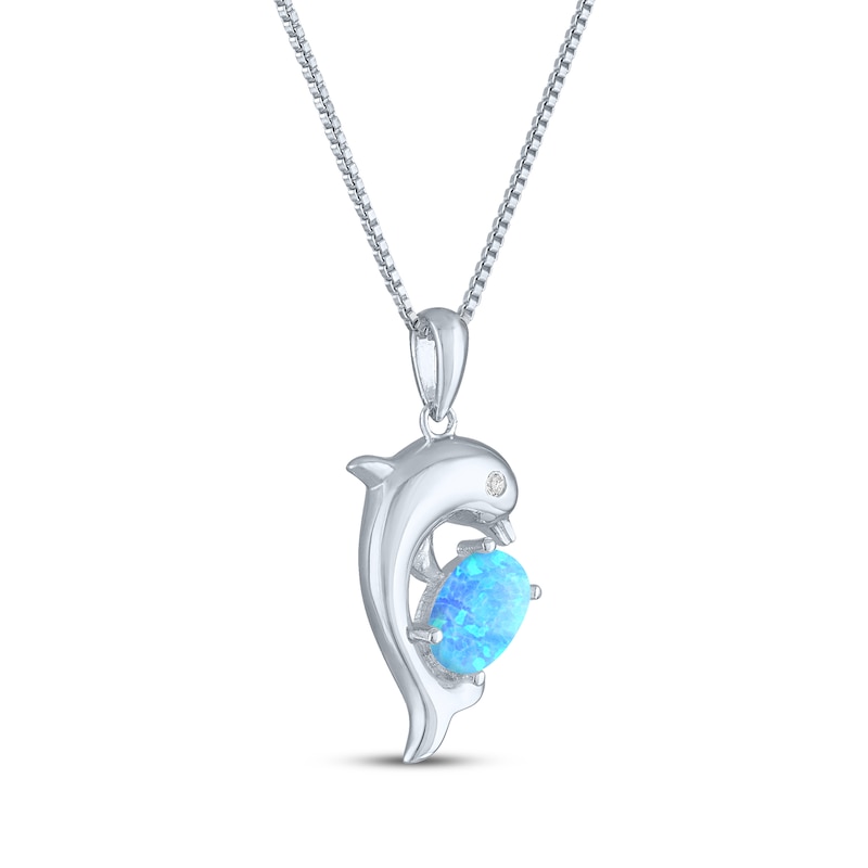 Main Image 2 of Oval-Cut Blue Lab-Created Opal & White Lab-Created Sapphire Dolphin Necklace Sterling Silver 18&quot;