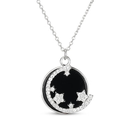 Black Agate & White Lab-Created Sapphire Crescent Moon & Stars Necklace Sterling Silver 18&quot;