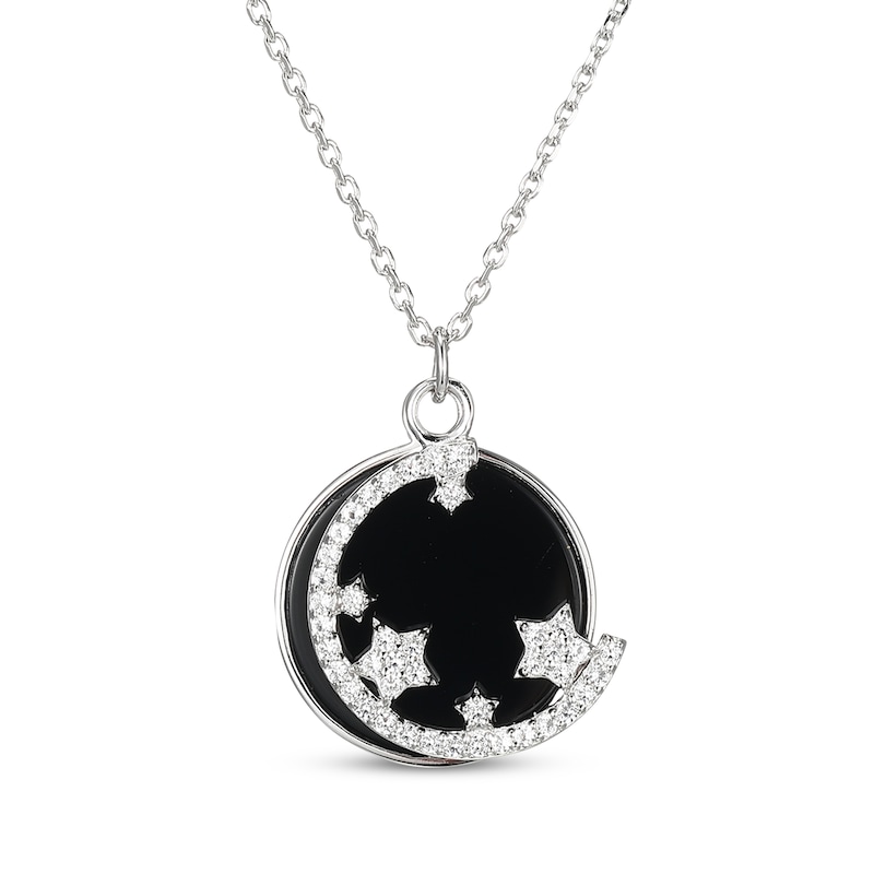 Main Image 1 of Black Agate & White Lab-Created Sapphire Crescent Moon & Stars Necklace Sterling Silver 18&quot;