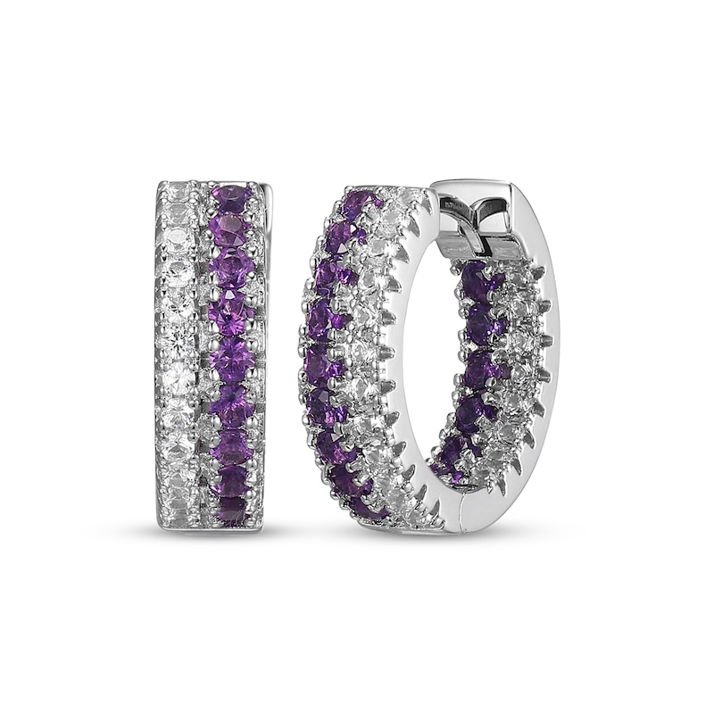 Main Image 1 of Amethyst & White Lab-Created Sapphire Huggie Hoop Earrings Sterling Silver