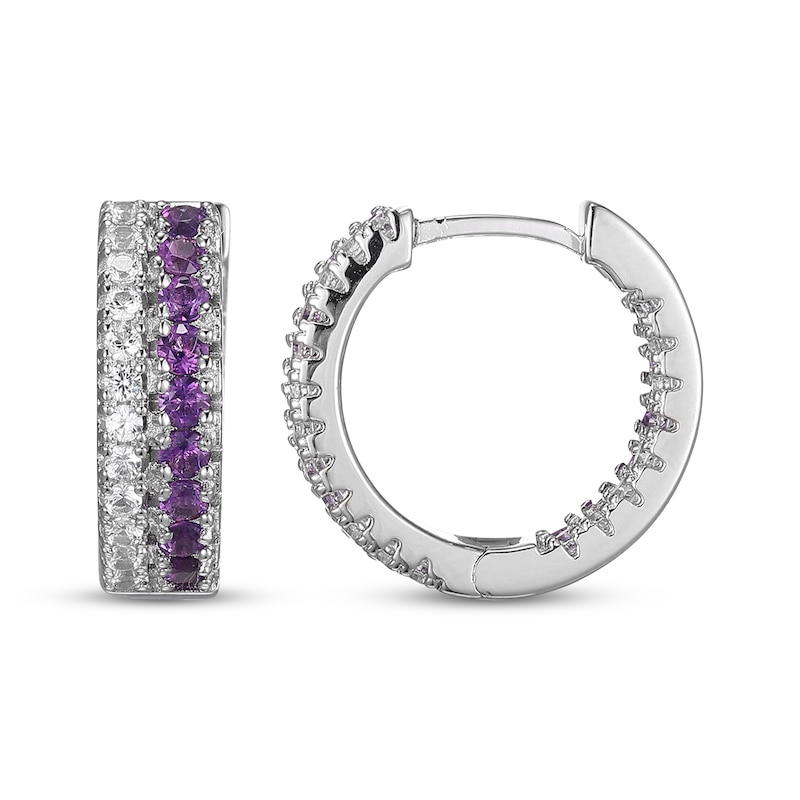 Main Image 3 of Amethyst & White Lab-Created Sapphire Huggie Hoop Earrings Sterling Silver