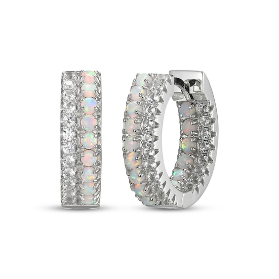 Lab-Created Opal & White Lab-Created Sapphire Huggie Hoop Earrings Sterling Silver