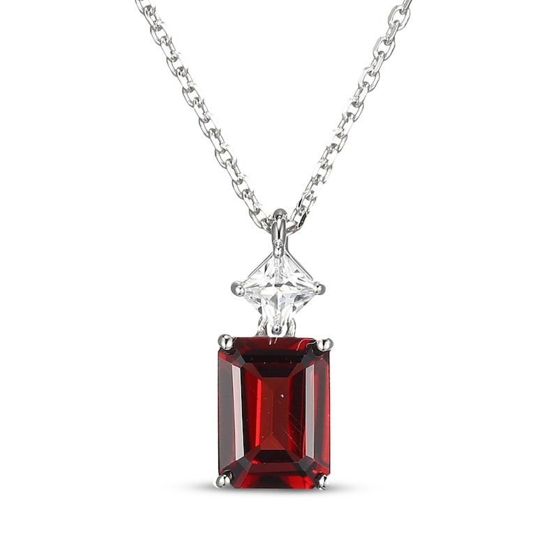 Main Image 1 of Emerald-Cut Garnet & Square-Cut White Lab-Created Sapphire Necklace Sterling Silver 18&quot;