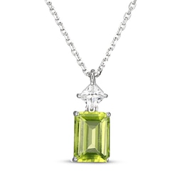 Emerald-Cut Peridot & Square-Cut White Lab-Created Sapphire Necklace Sterling Silver 18&quot;