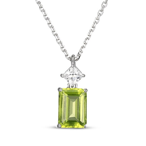 Emerald-Cut Peridot & Square-Cut White Lab-Created Sapphire Necklace Sterling Silver 18"