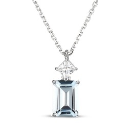 Emerald-Cut Aquamarine & Square-Cut White Lab-Created Sapphire Necklace Sterling Silver 18&quot;