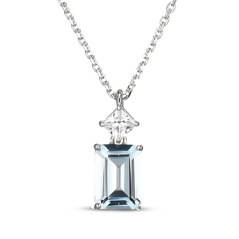 Main Image 1 of Emerald-Cut Aquamarine & Square-Cut White Lab-Created Sapphire Necklace Sterling Silver 18&quot;