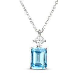 Emerald-Cut Swiss Blue Topaz & Square-Cut White Lab-Created Sapphire Necklace Sterling Silver 18&quot;