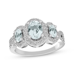 Oval-Cut Aquamarine & White Lab-Created Sapphire Three-Stone Ring Sterling Silver