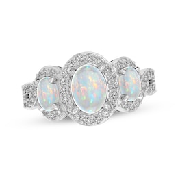 Oval-Cut Lab-Created Opal & White Lab-Created Sapphire Three-Stone Ring Sterling Silver