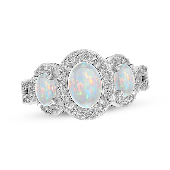 Oval-Cut Lab-Created Opal & White Lab-Created Sapphire Three-Stone Ring Sterling Silver